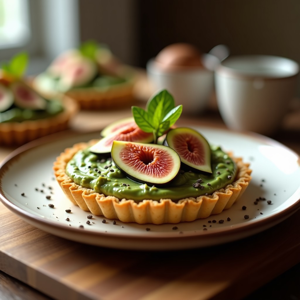 Tartaleta vegana y sin gluten con base dorada de quinoa, rellena de crema verde de espinacas y decorada con láminas de higos frescos y nueces picadas, servida en plato blanco sobre fondo rústico.