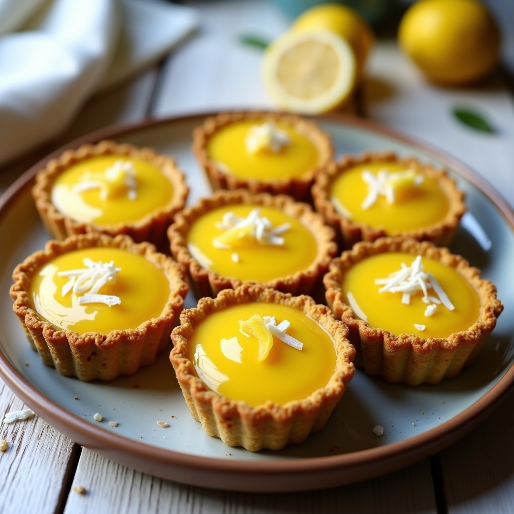 Tartaletas de quinoa y cúrcuma con crema de limón en moldes desmontables, base dorada crujiente y crema amarilla brillante, decoradas con coco rallado.