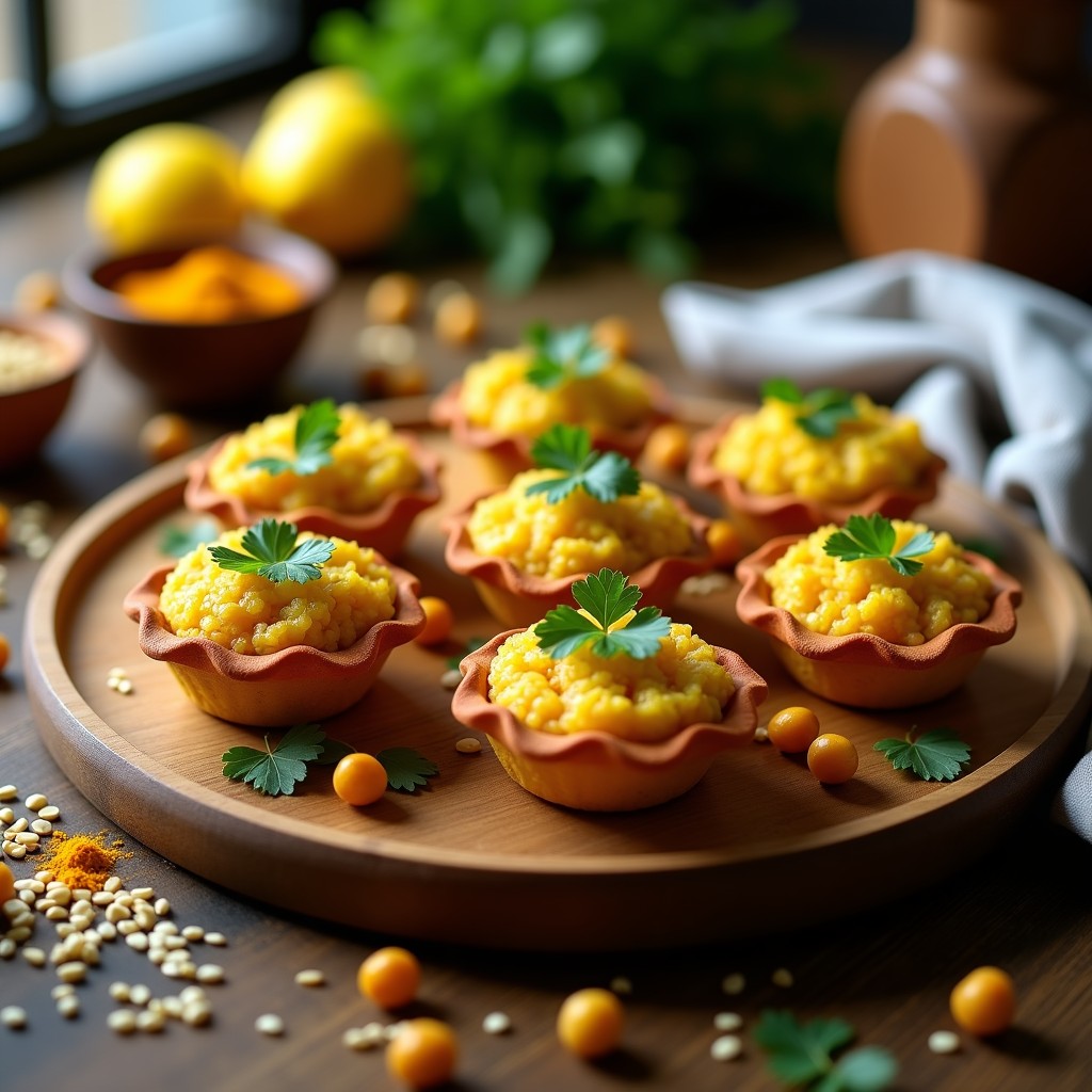 Tartaletas de quinoa al curry vegano doradas y crujientes en moldes de silicona, decoradas con cilantro fresco y garbanzos, servidas en una bandeja de madera rústica.