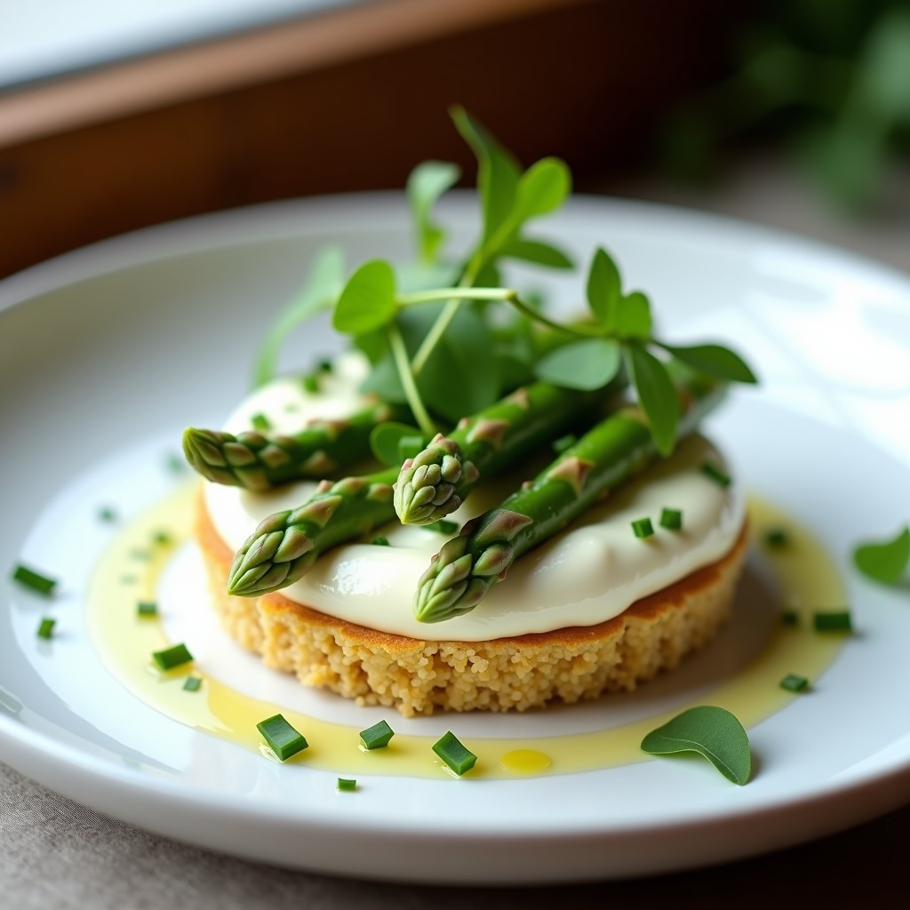 Tartaletas elegantes con base dorada de quinoa inflada, rellenas de crema de anacardos suave y coronadas con rodajas de espárragos blancos y puntas enteras. Decoradas con cebollino fresco y ralladura de limón sobre un plato blanco de porcelana, con un fondo borroso de mantel de lino beige.