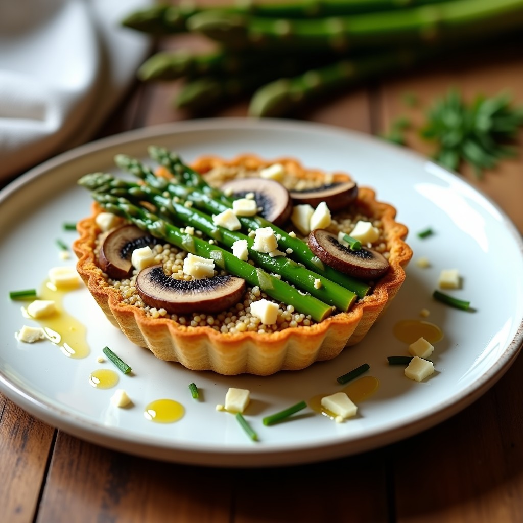Tartaleta dorada de quinoa rellena de espárragos trigueros y hongos shiitake salteados, con toques de queso de cabra y almendras fileteadas, receta sin gluten con umami.