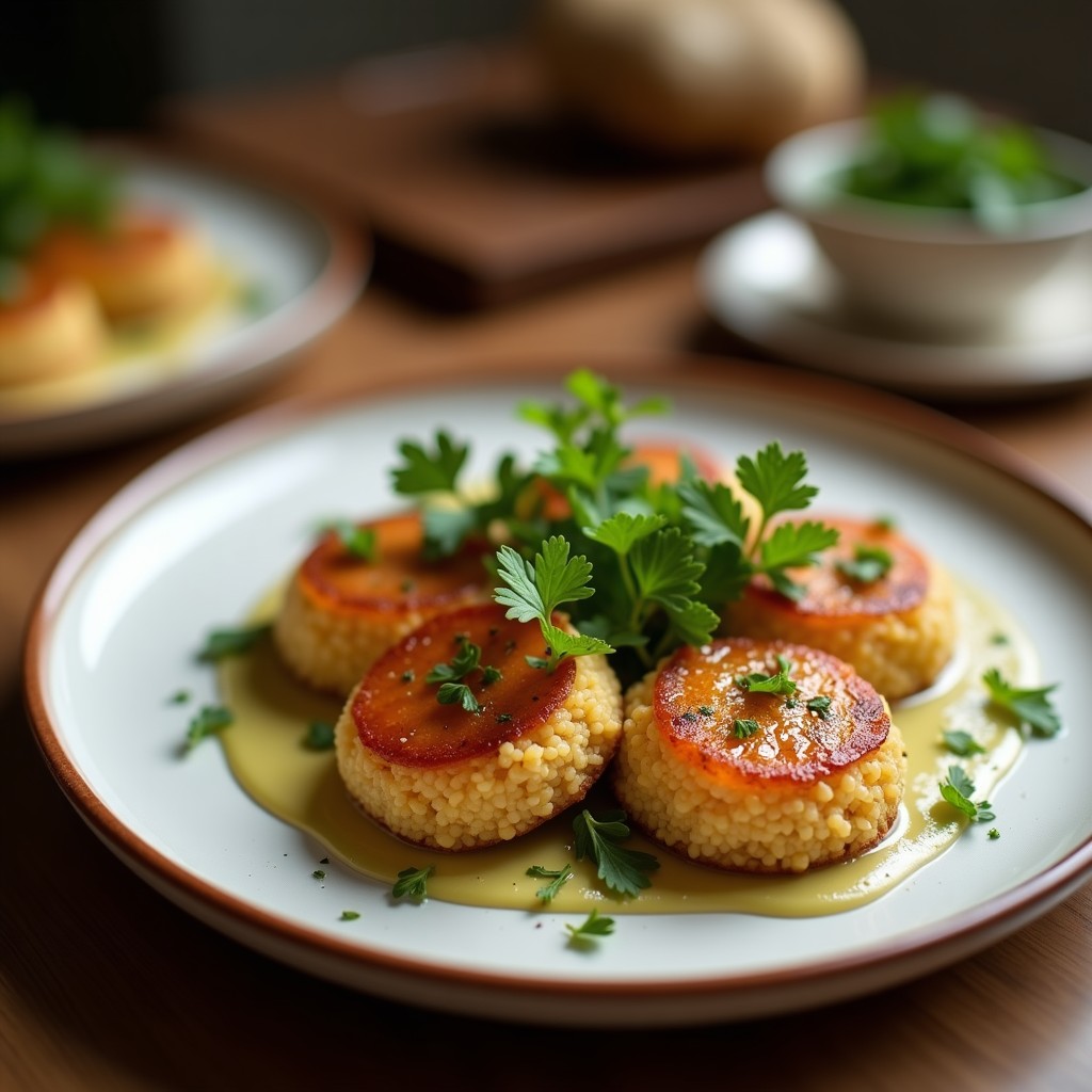 Tartaletas doradas de quinoa y espinacas en airfryer, con semillas de sésamo y relleno de tofu ahumado, servidas en un plato blanco rústico con hierbas frescas.