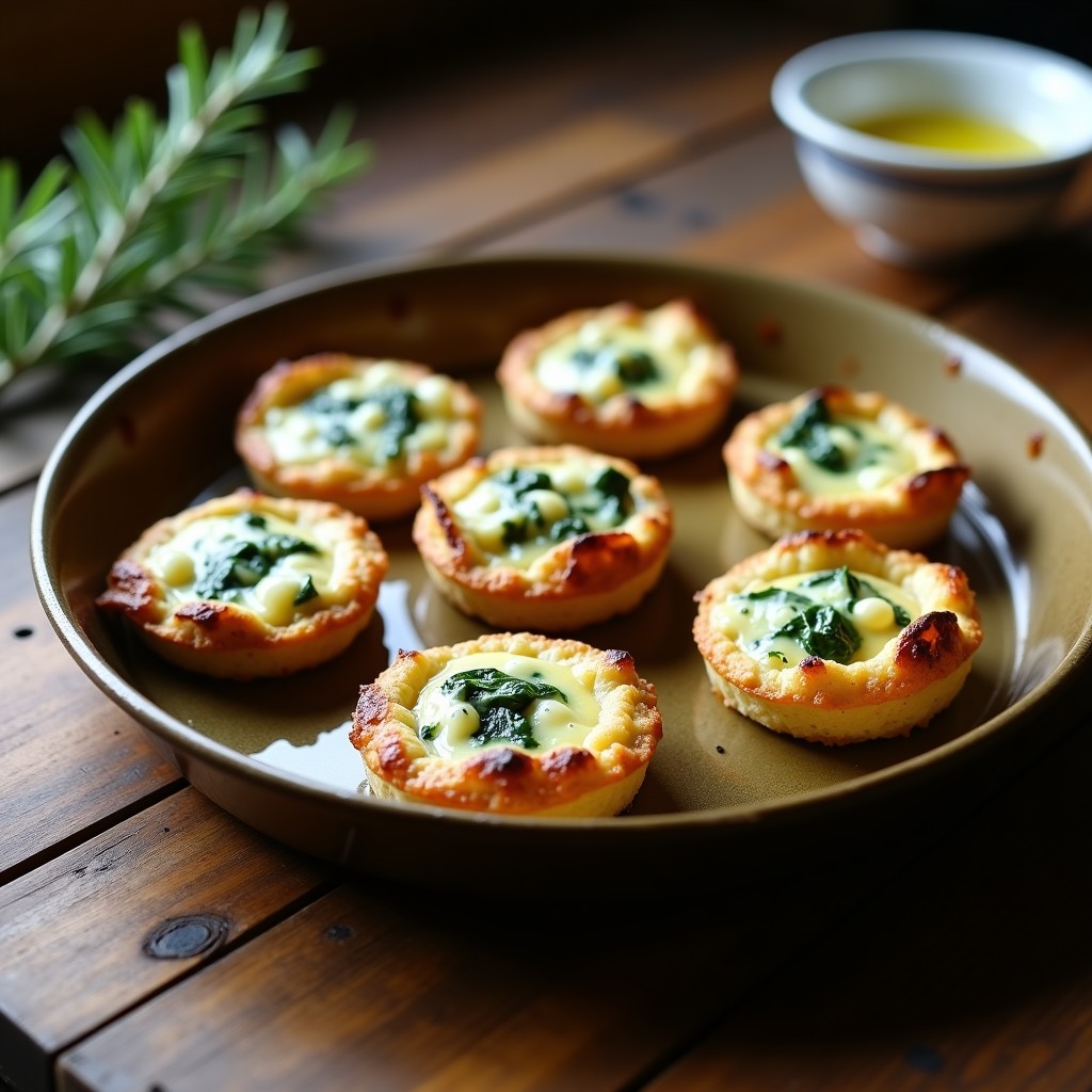 Tartaletas doradas de quinoa y espinaca con gorgonzola fundido, servidas en molde de horno rústico, receta sin gluten y alta en proteína.