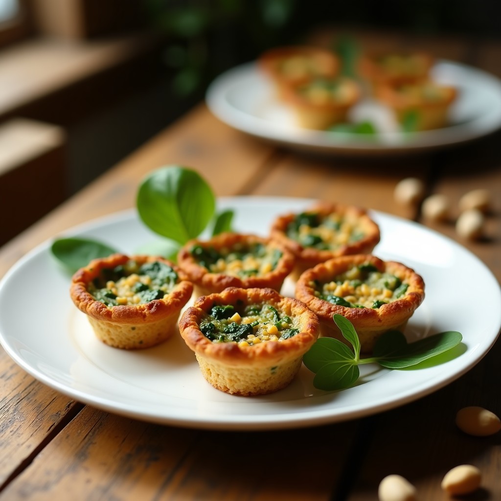 Tartaletas doradas de quinoa y espinaca con hongo reishi, servidas en plato blanco sobre fondo rústico de madera, receta vegana alta en proteína y umami.
