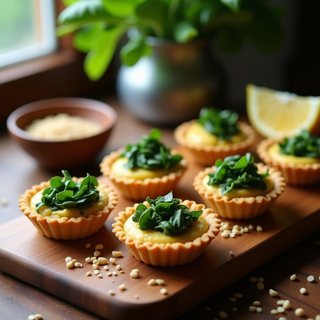 Tartaletas veganas de quinoa crujiente rellenas de espinacas ahumadas y hummus de anacardos, decoradas con semillas de sésamo sobre fondo rústico de madera.