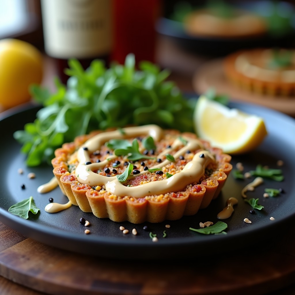 Tartaleta vegana sin horno con base crujiente de quinoa y espinacas, coronada con cremosa salsa de tahini, semillas de sésamo y pimentón ahumado sobre fondo de madera rústica.
