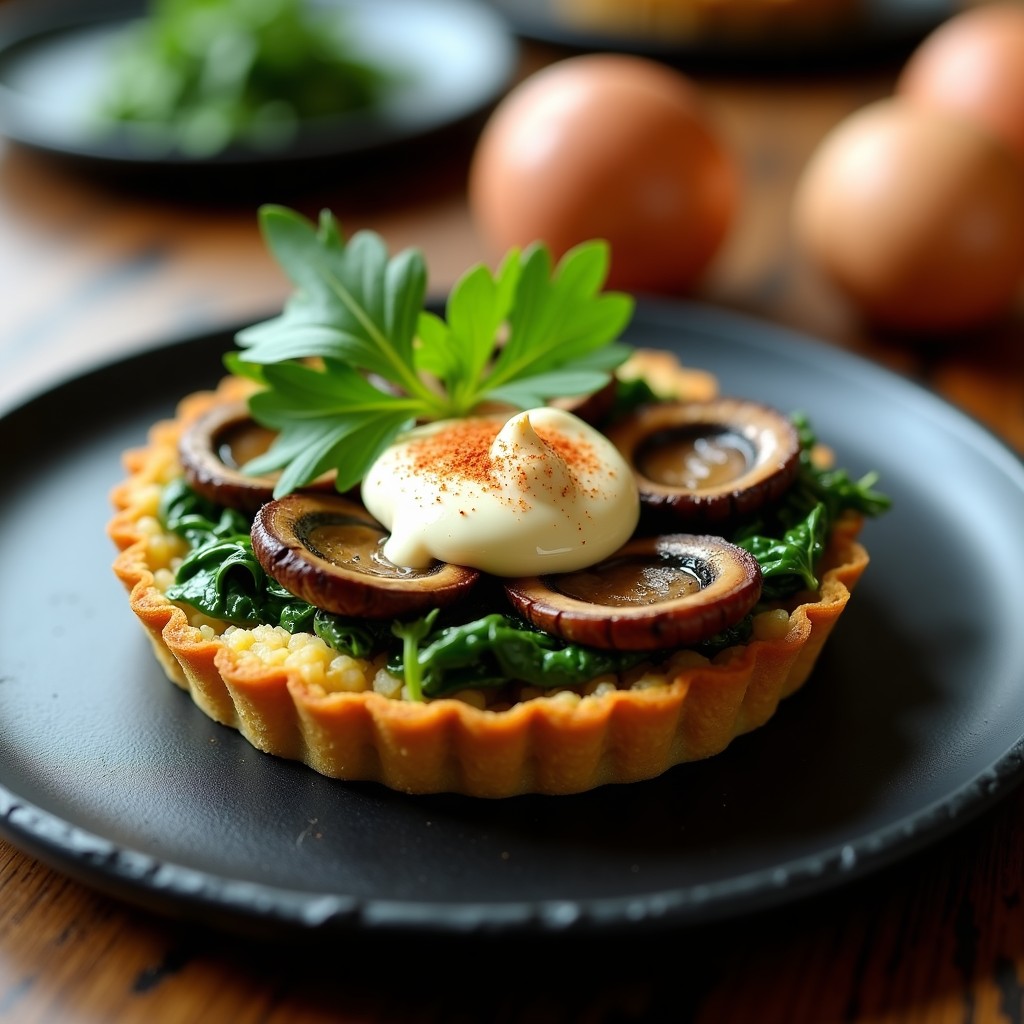 Tartaleta vegana de quinoa inflada dorada con relleno de hongos portobello salteados, espinacas y crema de anacardos, servida en molde individual rústico con decoración de perejil fresco.