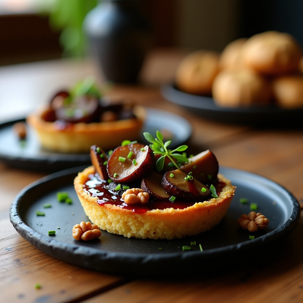 Tartaleta vegana gourmet con base dorada de quinoa y harina de almendra, rellena de láminas de hongos portobello glaseados en reducción de vino tinto brillante, decorada con hojas de tomillo fresco sobre un plato de cerámica blanca.