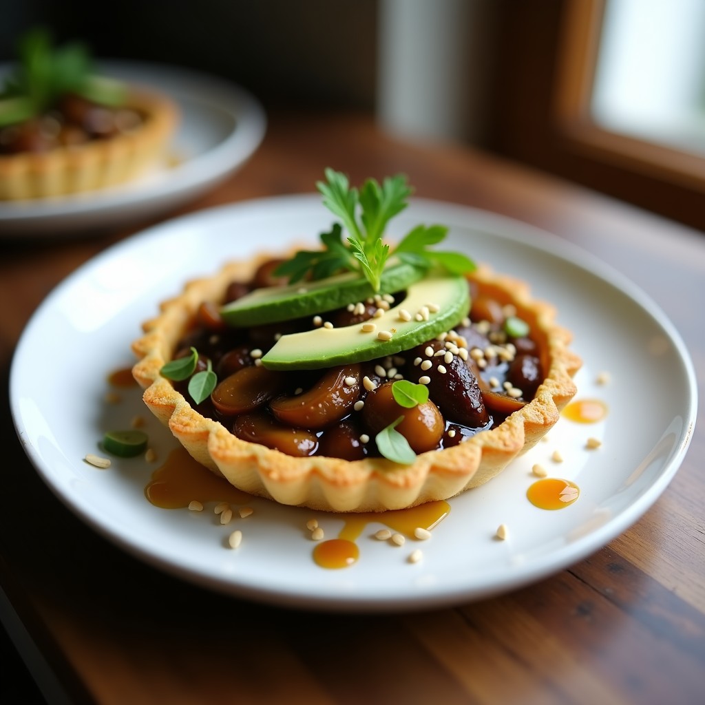 Tartaletas veganas de quinoa dorada con relleno de hongos shiitake salteados, bañadas en salsa de soja y miel, decoradas con almendras fileteadas y perejil fresco sobre un plato de cerámica blanca.
