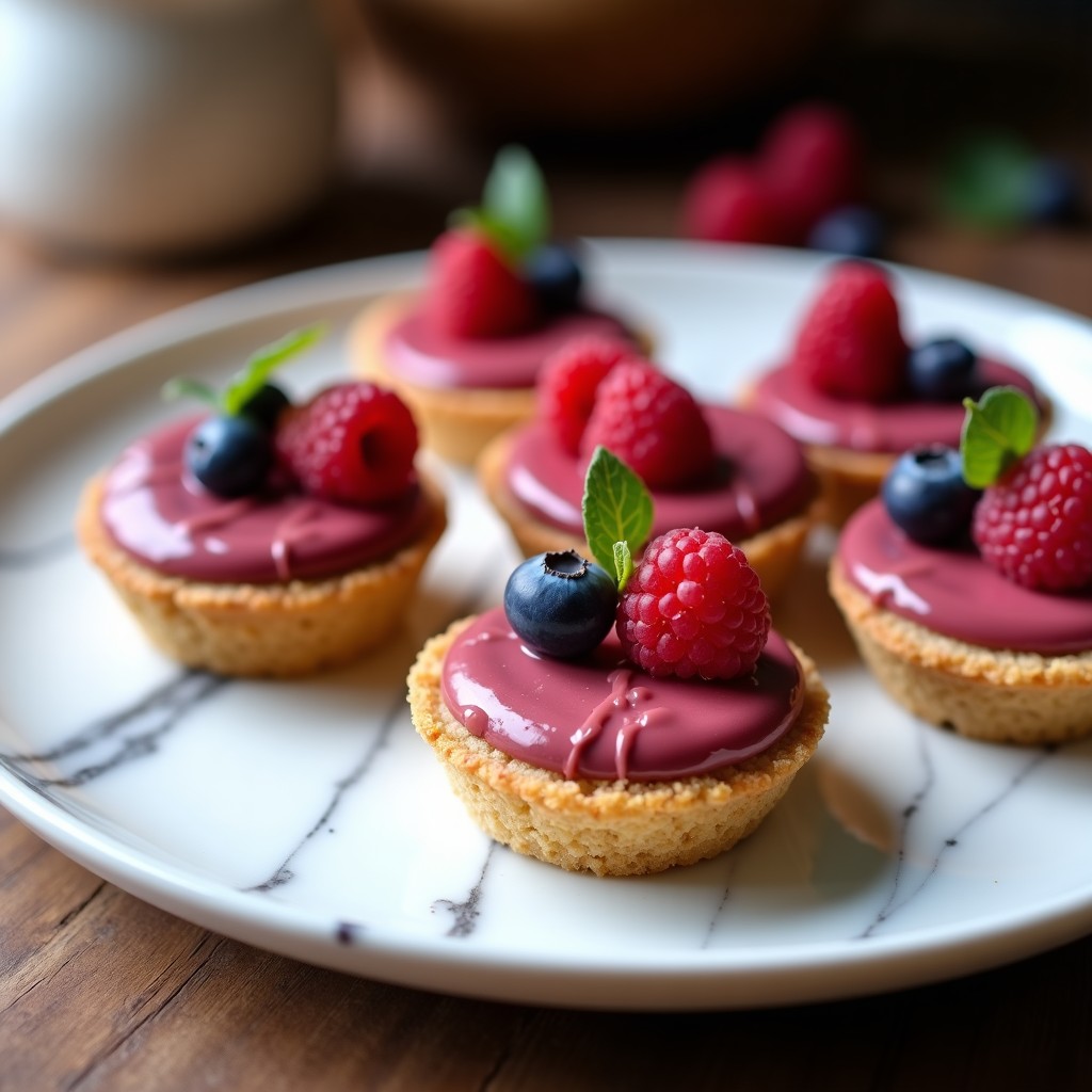 Tartaletas individuales con base dorada y crujiente de quinoa inflada, rellenas de una crema rosada de chocolate rubí y puré de frambuesa, decoradas con almendras fileteadas y semillas de chía, servidas en un plato blanco sobre fondo rústico.