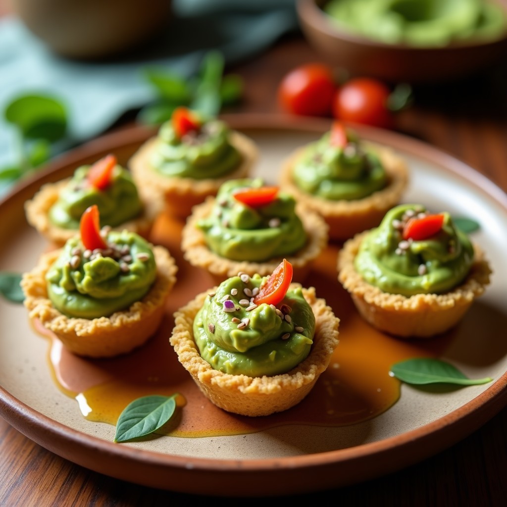 Tartaletas crujientes de quinoa inflada dorada rellenas de guacamole verde cremoso con trozos de aguacate y semillas de sésamo, servidas en bandeja de madera con hojas de buchu como decoración, aperitivo sudafricano sin gluten.