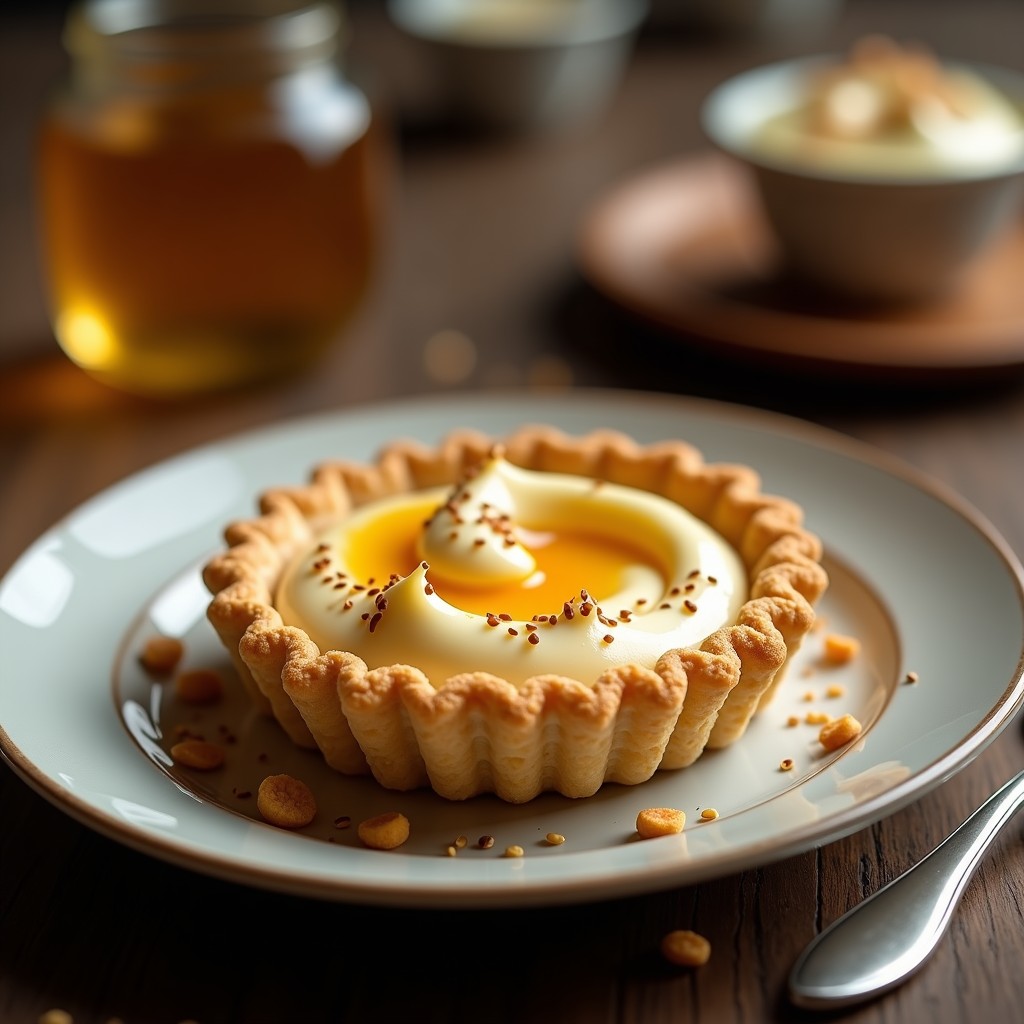 Tartaleta individual con base crujiente de quinoa inflada y almendras, rellena de crema sedosa de anacardo y miel de caña, decorada con láminas de higo fresco y un hilo de miel dorada. Postre español sin gluten y sin horno.