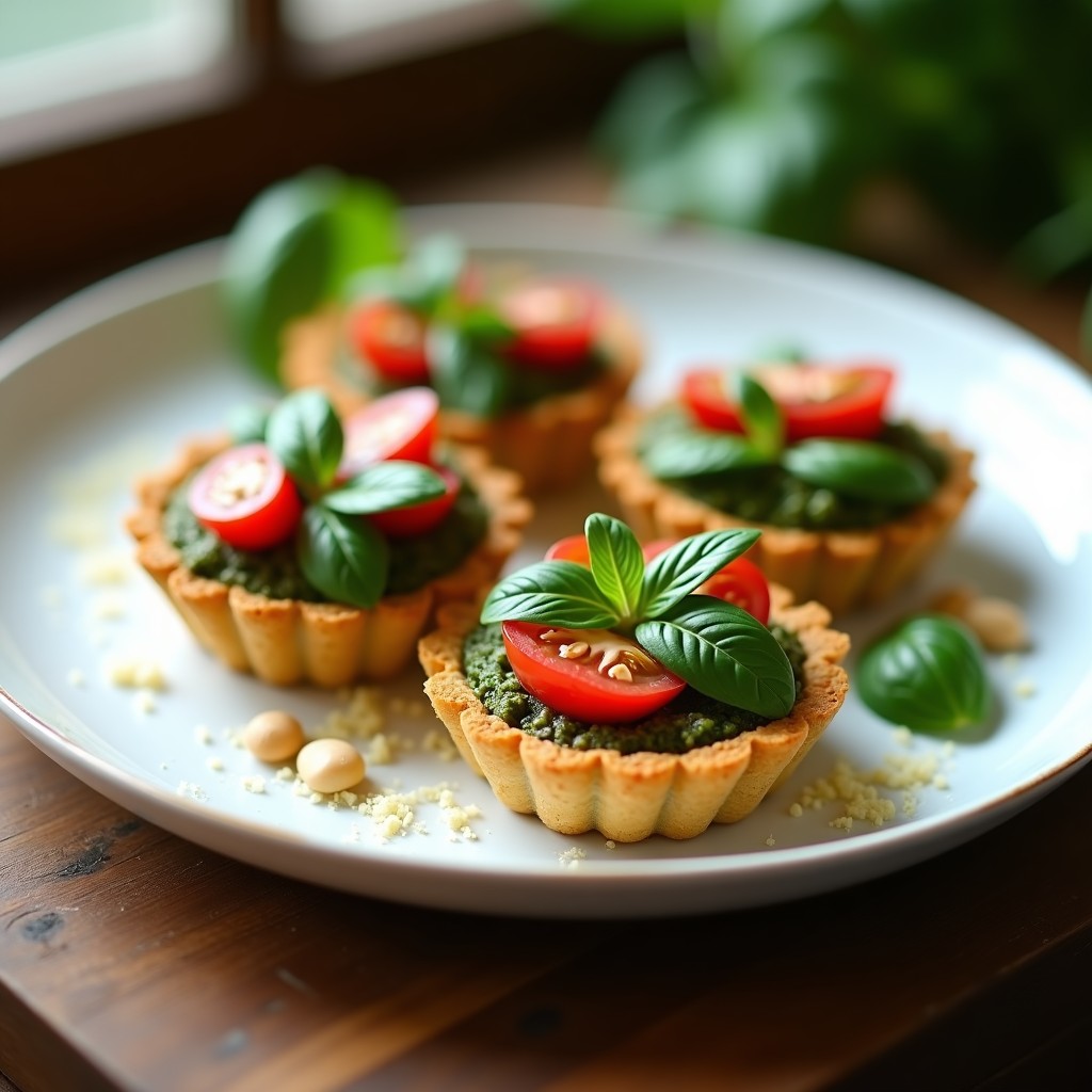 Tartaleta dorada de quinoa con pesto de albahaca verde intenso, decorada con tomates cherry rojos y espinacas frescas sobre un plato blanco rústico, receta sin gluten y alta en proteína.