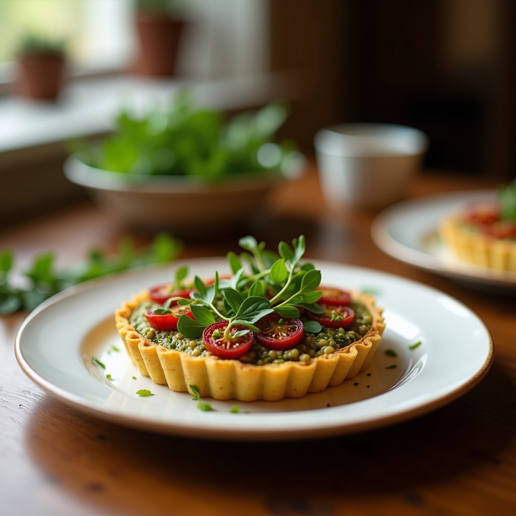 Tartaletas doradas de quinoa con relleno verde intenso de pesto de rúcula y trocitos de tomates secos, decoradas con semillas de sésamo. Plato vegano en airfryer sin harina, servido en molde de silicona sobre fondo rústico de madera.