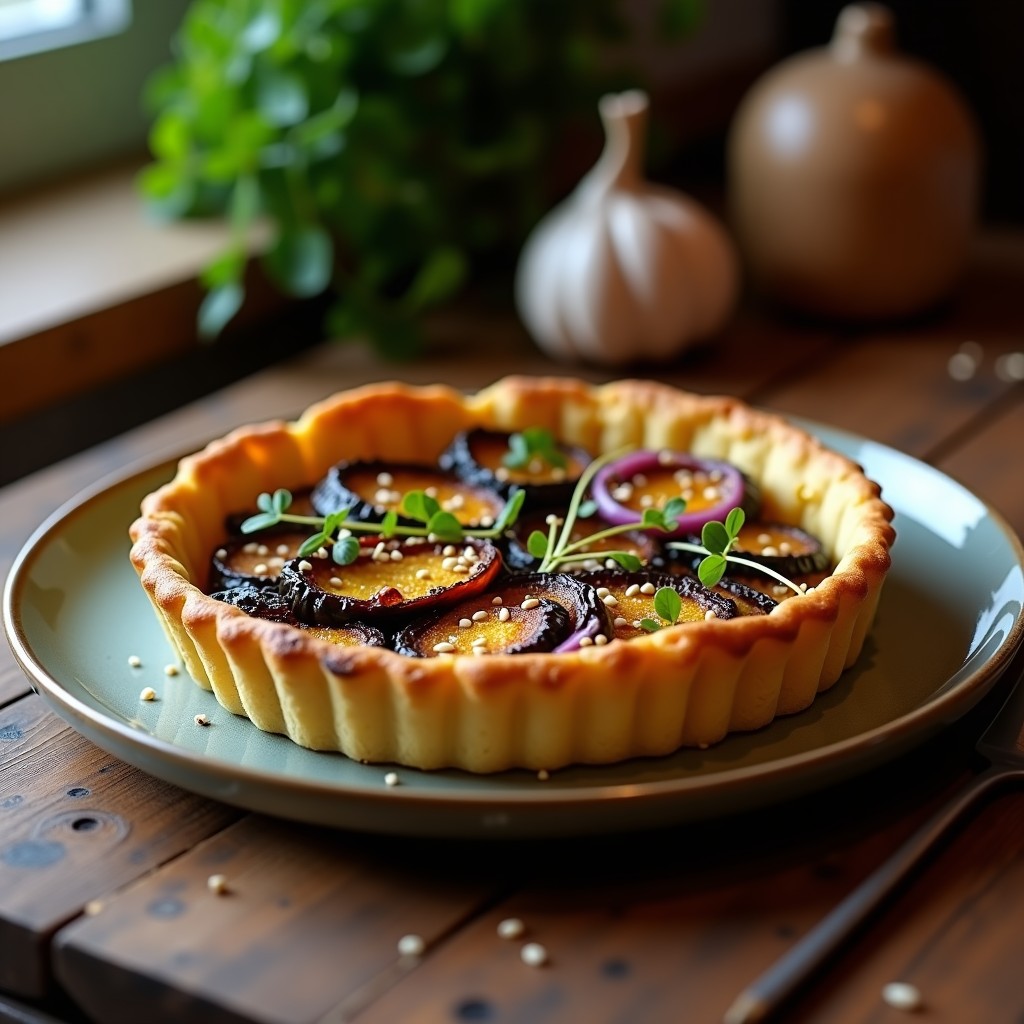 Tartaleta dorada de quinoa en molde desmontable, rellena de capas de berenjena, calabacín, pimiento rojo y cebolla morada asados, bañada con alioli de ajo negro cremoso y espolvoreada con semillas de sésamo tostadas. Receta sin lactosa, vegana y alta en proteína.