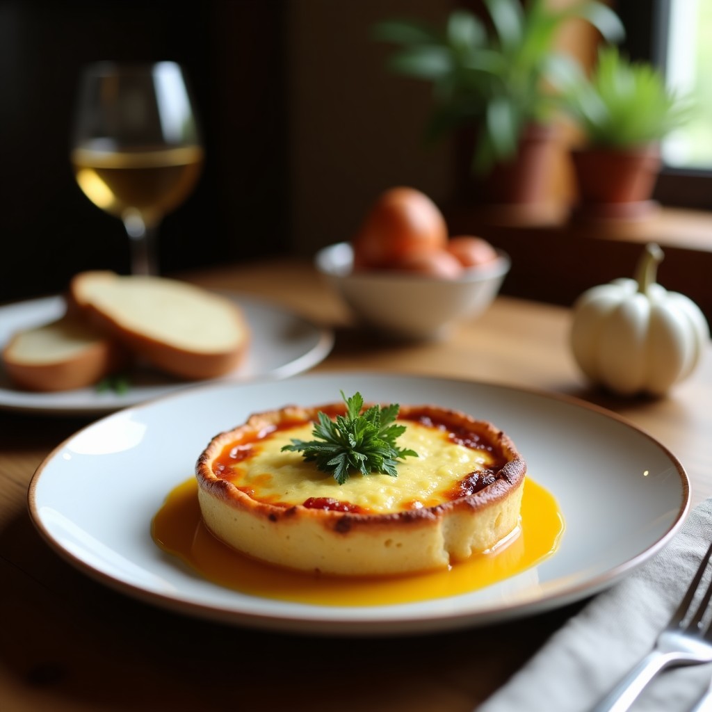 Tartaleta dorada de masa hojaldre rellena de rodajas de remolacha cocida, queso de cabra desmenuzado y nueces picadas, decorada con rúcula fresca, miel y un chorrito de vinagre balsámico.