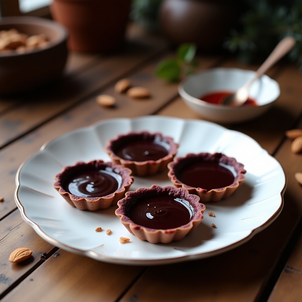 Tartaletas de remolacha y chocolate negro con base dorada y crujiente, rellenas de chocolate brillante, postre umami sin harina sobre una mesa rústica.