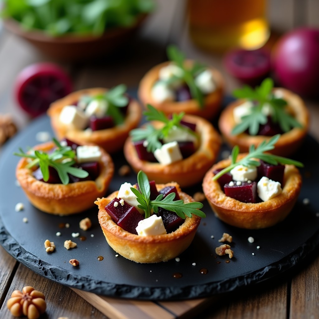 Tartaletas doradas en airfryer con relleno vibrante de remolacha morada, queso de cabra blanco desmenuzado, nueces tostadas y hojas de rúcula, servidas en plato negro con chorrito de miel y vinagre balsámico.