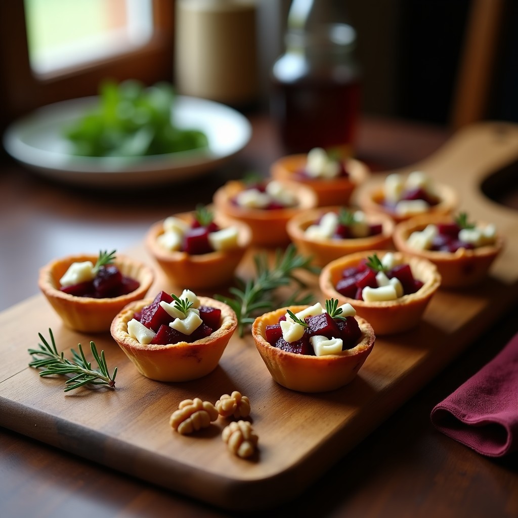 Tartaletas doradas de masa brisa rellenas de remolacha cocida en dados y crema de queso de cabra, decoradas con nueces picadas y tomillo fresco, sobre una bandeja de madera rústica.