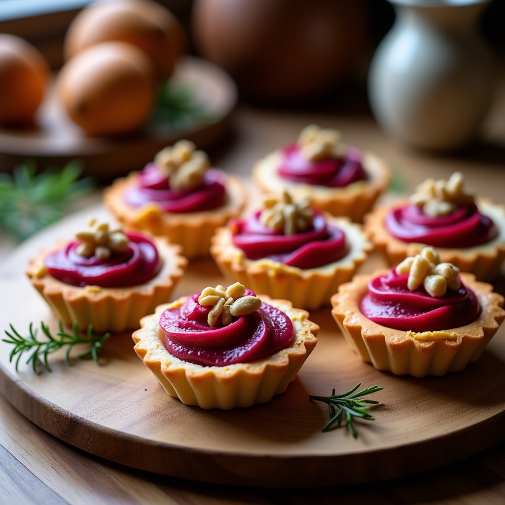 Tartaletas doradas de masa quebrada rellenas de crema de remolacha y queso de cabra, decoradas con nueces picadas y un hilo de miel sobre fondo rústico de madera.