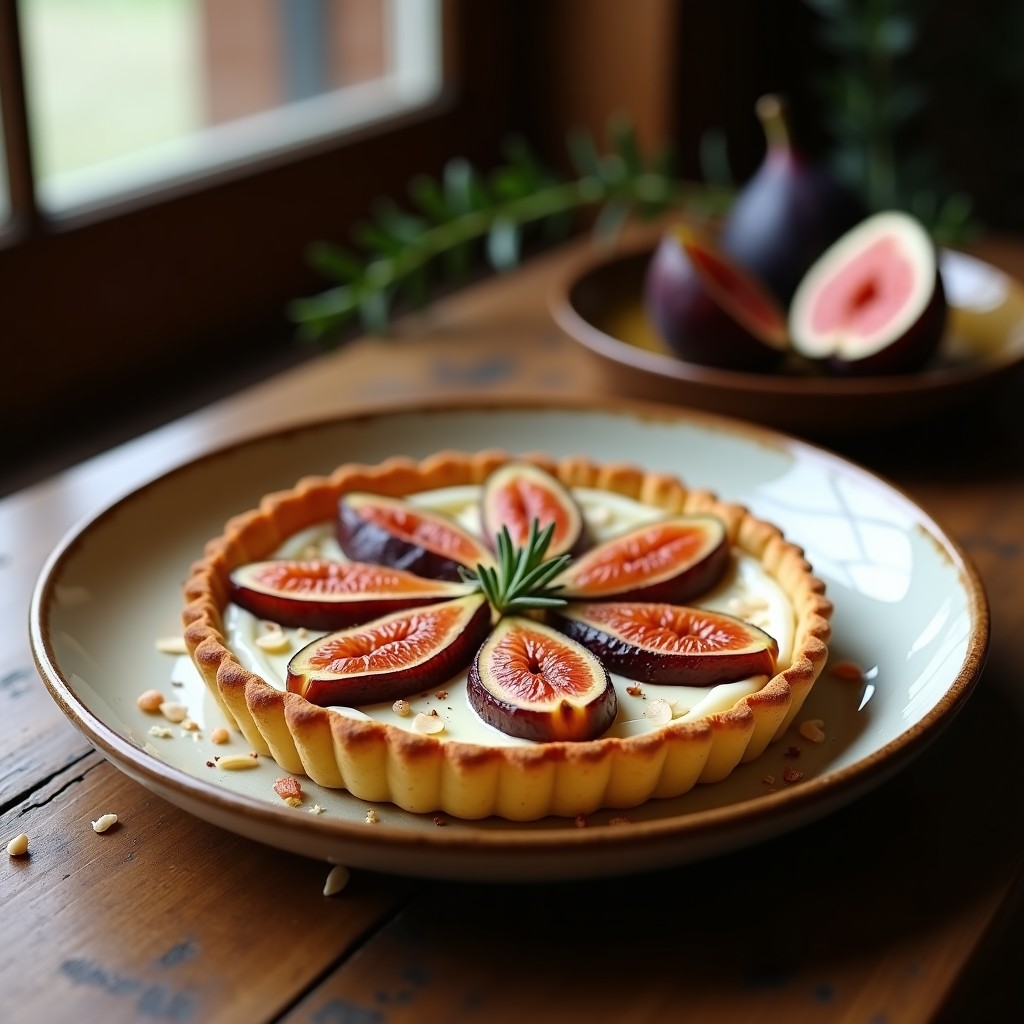Tartaleta italiana sin horno con base crujiente de almendra, relleno cremoso de ricotta y anacardos, coronada con higos caramelizados, almendras tostadas y pimienta rosa, servida en molde individual sobre fondo rústico.