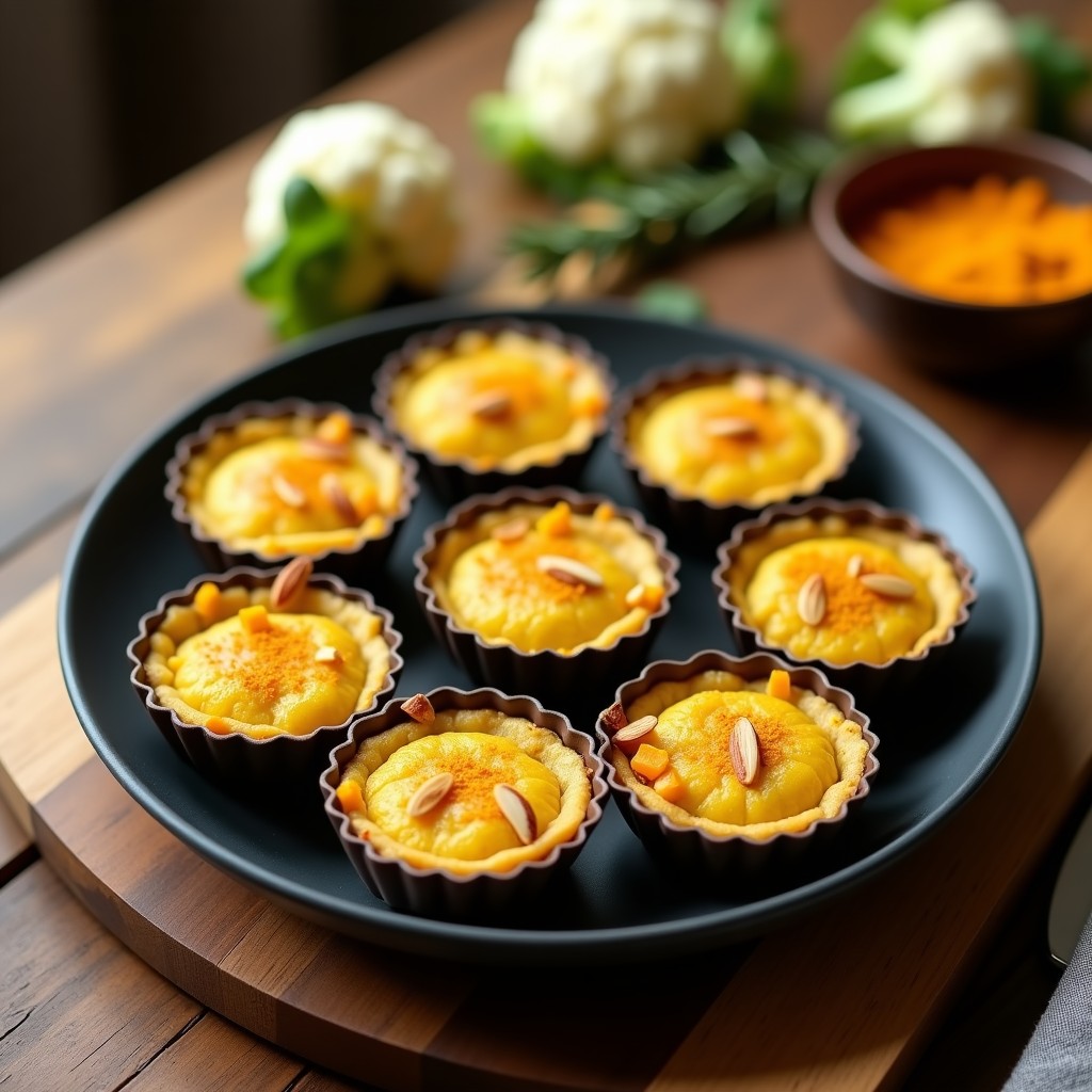 Tartaletas doradas y crujientes de coliflor y cúrcuma en molde de silicona, con textura ligera y bordes perfectos, servidas en bandeja de madera rústica.