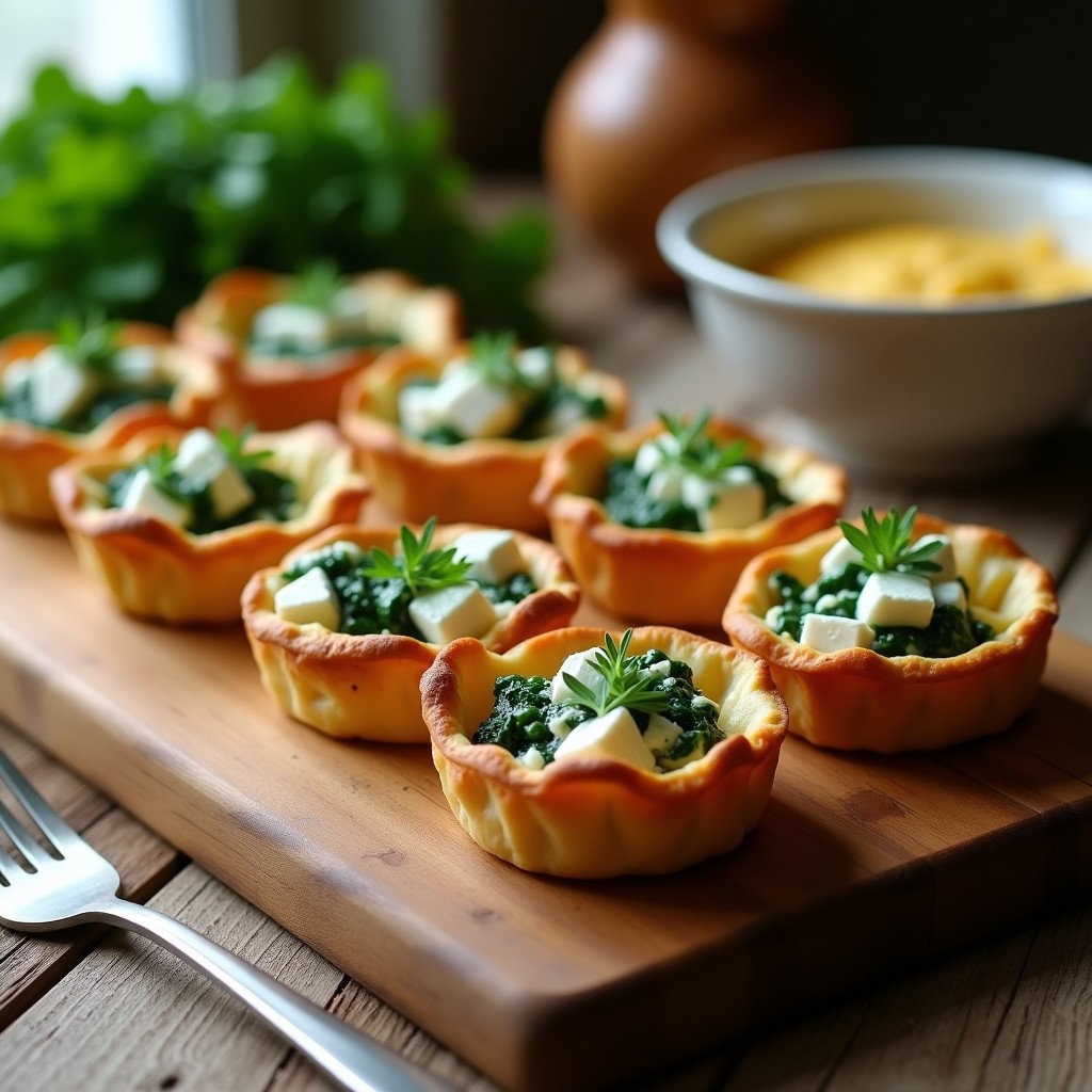 Tartaletas saladas doradas en molde de metal, rellenas de espinacas verdes y queso feta blanco desmenuzado, servidas sobre una tabla de madera rústica con hierbas frescas.