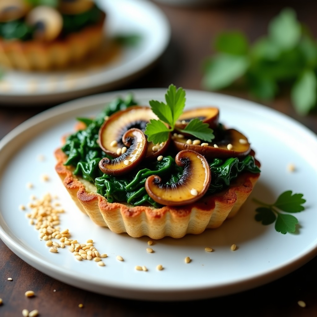 Tartaleta salada sin horno con base dorada de semillas, rellena de espinacas frescas y hongos ostra troceados, decorada con semillas de sésamo tostadas.