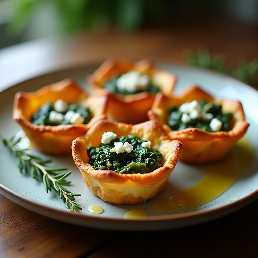 Tartaletas saladas doradas en moldes individuales, rellenas de espinacas y hongos portobello, con queso de cabra desmenuzado por encima, receta en airfryer sin masa.