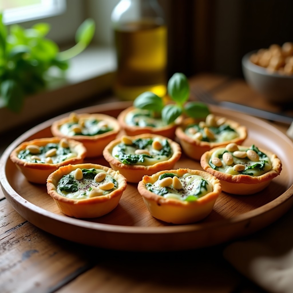 Tartaletas saladas doradas con relleno cremoso de espinacas y queso de cabra, decoradas con piñones tostados sobre una bandeja de madera rústica.