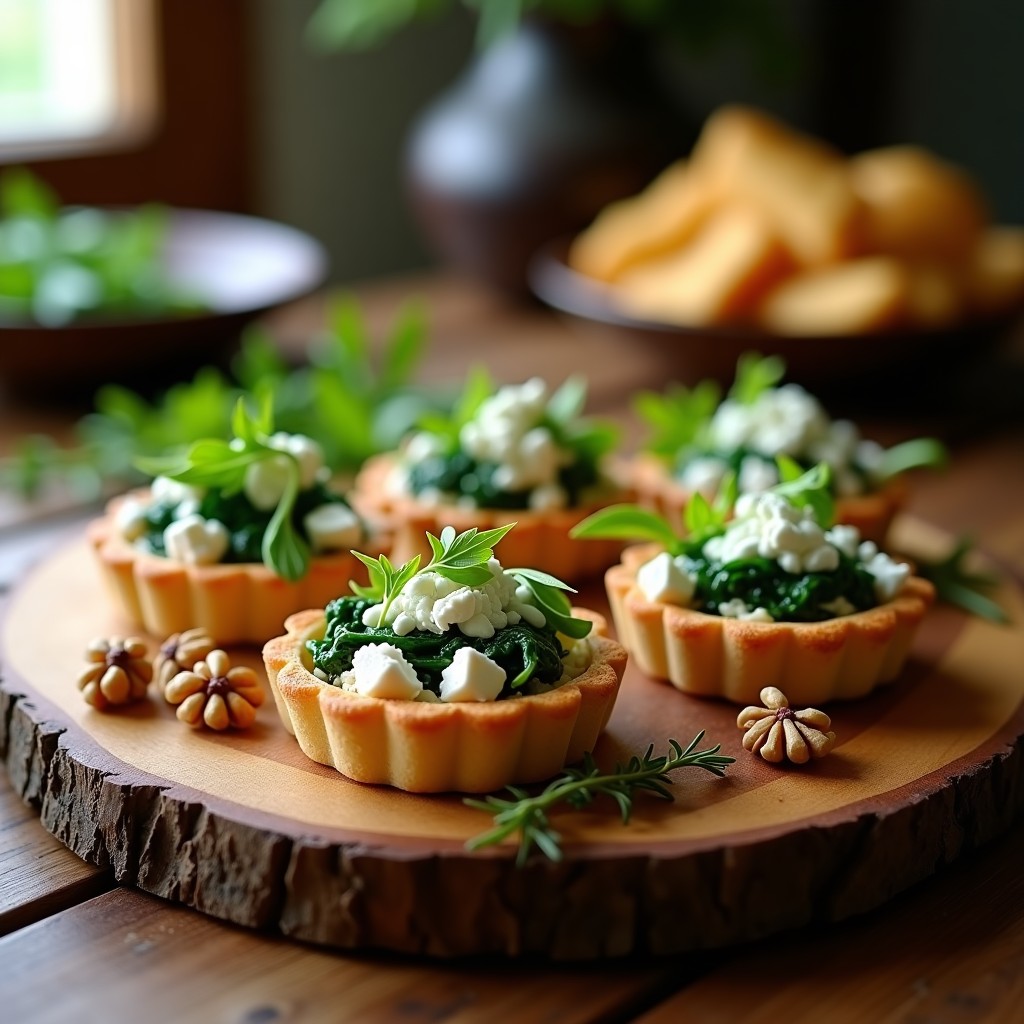 Tartaletas saladas de espinacas y queso de cabra sobre una tabla de madera rústica, con hojaldre dorado, relleno cremoso y nueces picadas, acompañadas de hojas de rúcula fresca.