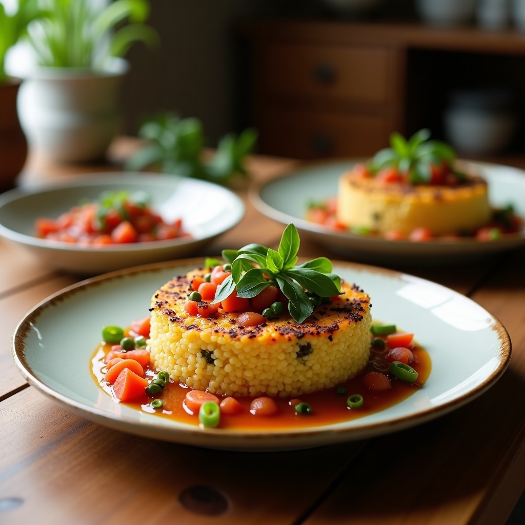 Tartaleta salada dorada con base de quinoa crujiente, rellena de espinacas verdes y tofu ahumado desmenuzado, espolvoreada con semillas de sésamo y servida en plato blanco rústico.