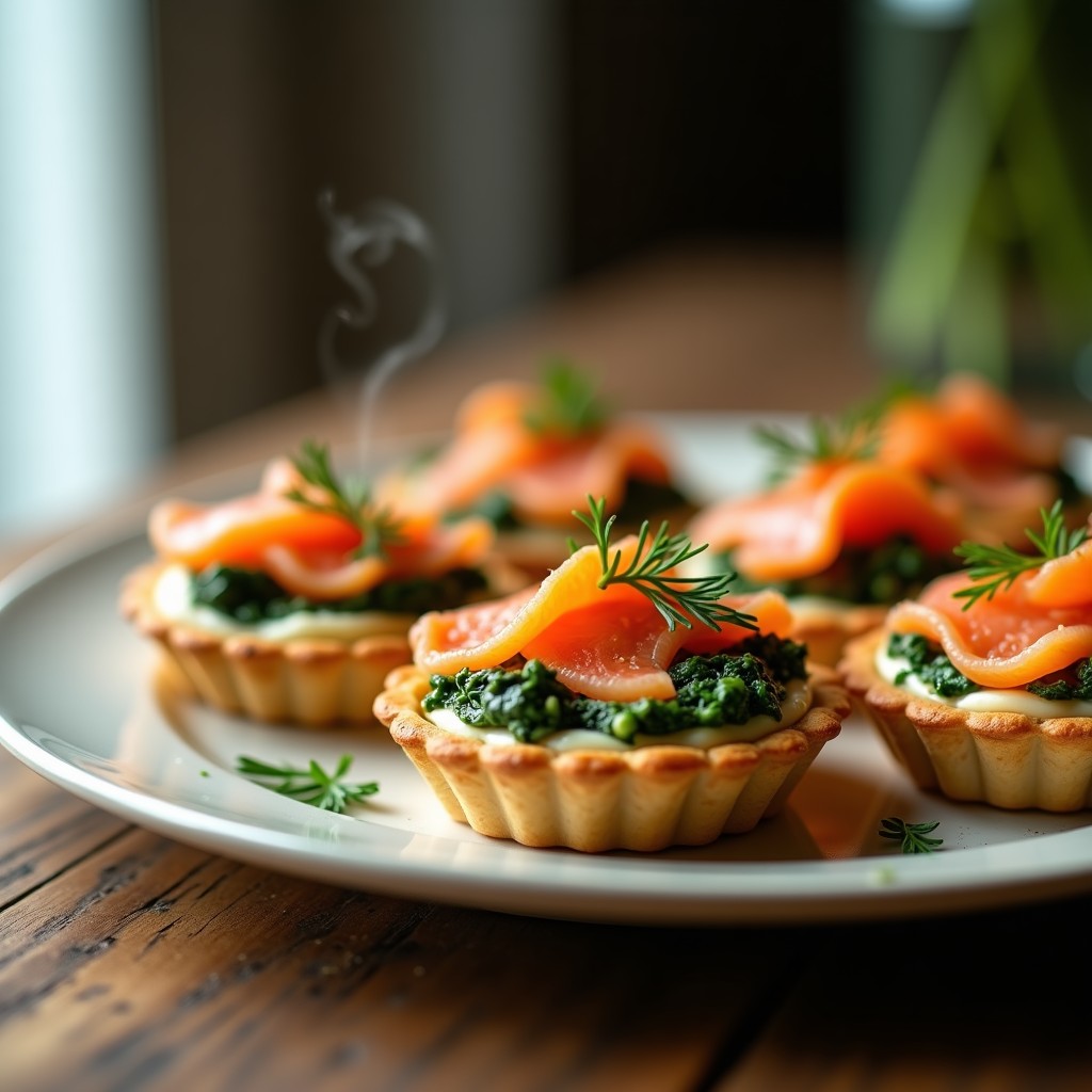 Tartaletas doradas en moldes individuales con base crujiente, rellenas de mezcla cremosa de espinacas y queso, coronadas con láminas de salmón ahumado y decoradas con eneldo fresco.