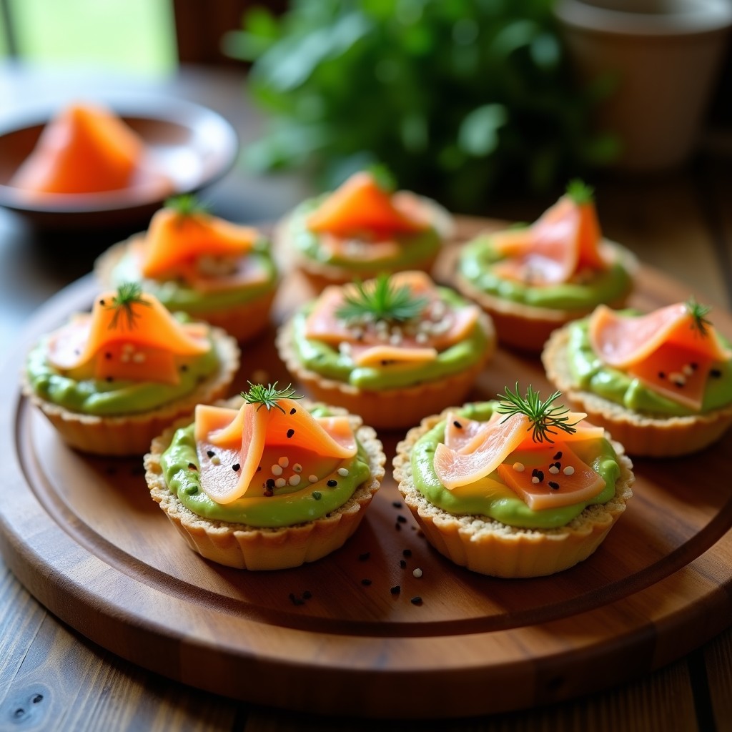 Tartaletas doradas rellenas de crema de aguacate verde, salmón ahumado rosado en láminas y quinoa tostada, decoradas con eneldo fresco y semillas de sésamo negro sobre una bandeja de madera rústica.