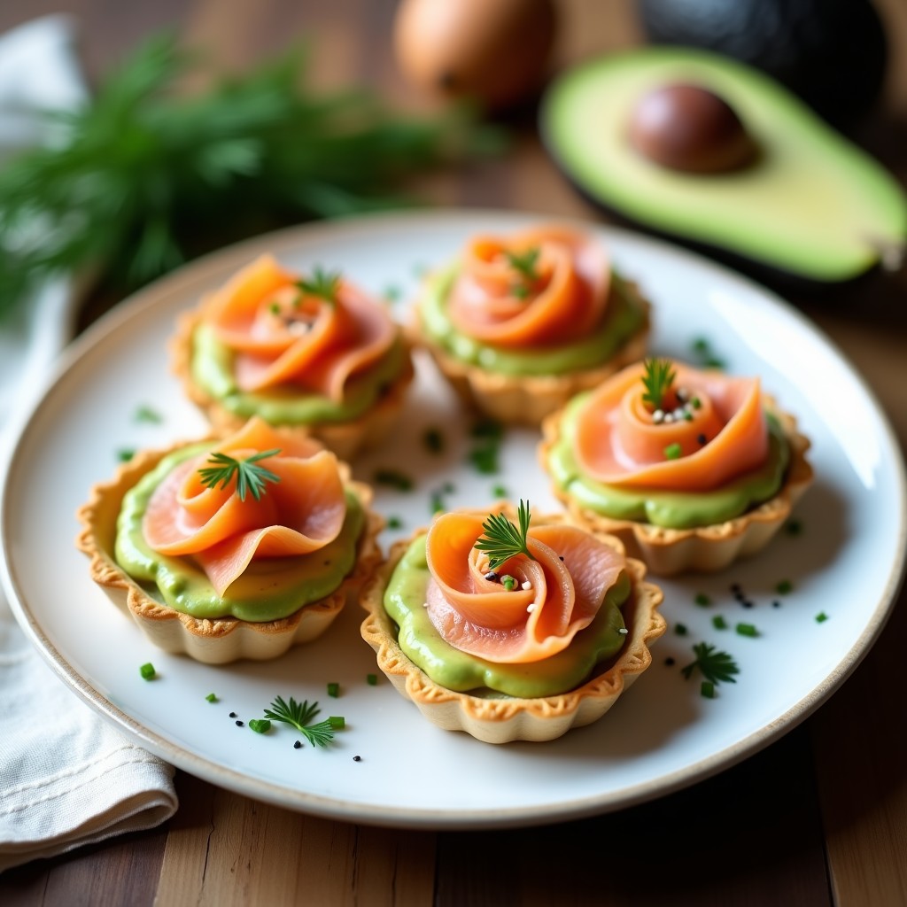 Seis tartaletas elegantes con base de masa quebrada dorada, rellenas de crema de aguacate verde, láminas de salmón ahumado rosa, huevo duro picado y decoradas con eneldo, cebollino y semillas de sésamo negro sobre un plato de cerámica blanca.