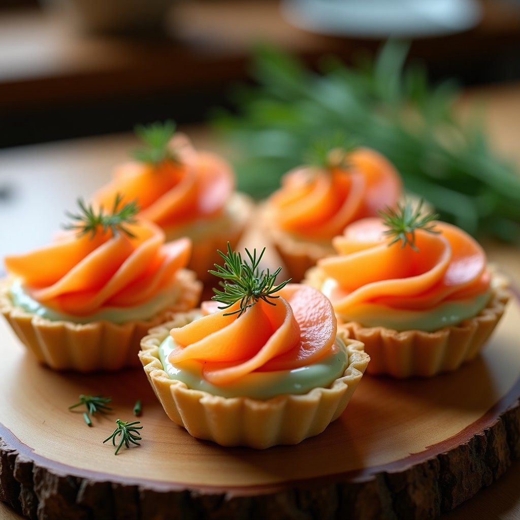 Tartaletas de hojaldre dorado rellenas de crema agria con eneldo y láminas de salmón ahumado dispuestas en abanico, decoradas con cebollino fresco.
