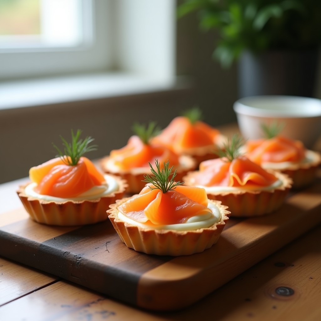 Tartaletas doradas en molde de horno con relleno cremoso de queso, coronadas con láminas de salmón ahumado y hojas de eneldo fresco, receta escandinava rápida.
