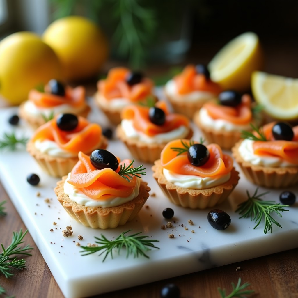 Tartaletas elegantes con base dorada de masa quebrada, rellenas de crema de queso y yogur, coronadas con láminas de salmón ahumado, huevo picado, aceitunas y eneldo fresco.
