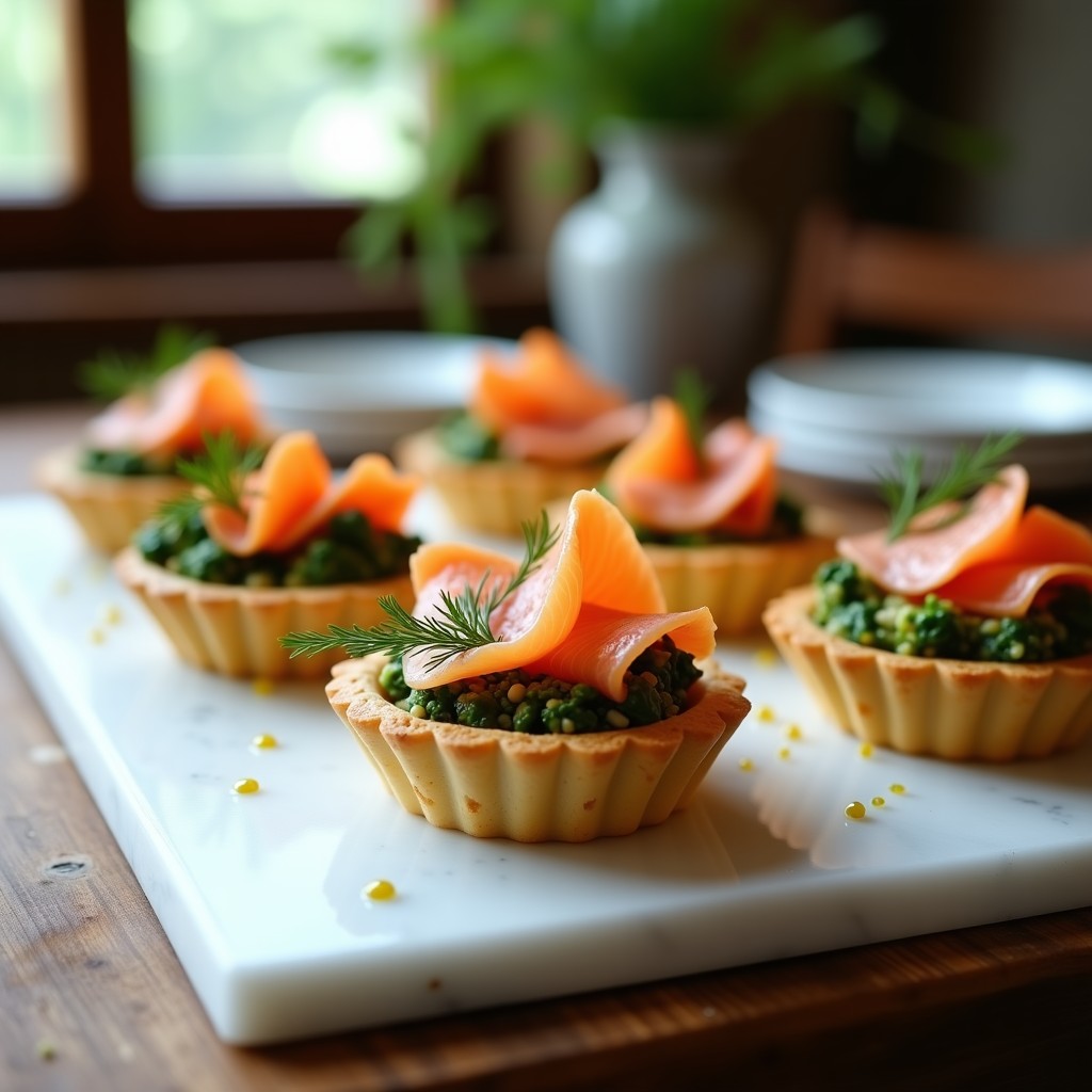 Tartaletas individuales con base dorada rellenas de mezcla cremosa de espinacas y quinoa, coronadas con láminas de salmón ahumado y decoradas con eneldo fresco.