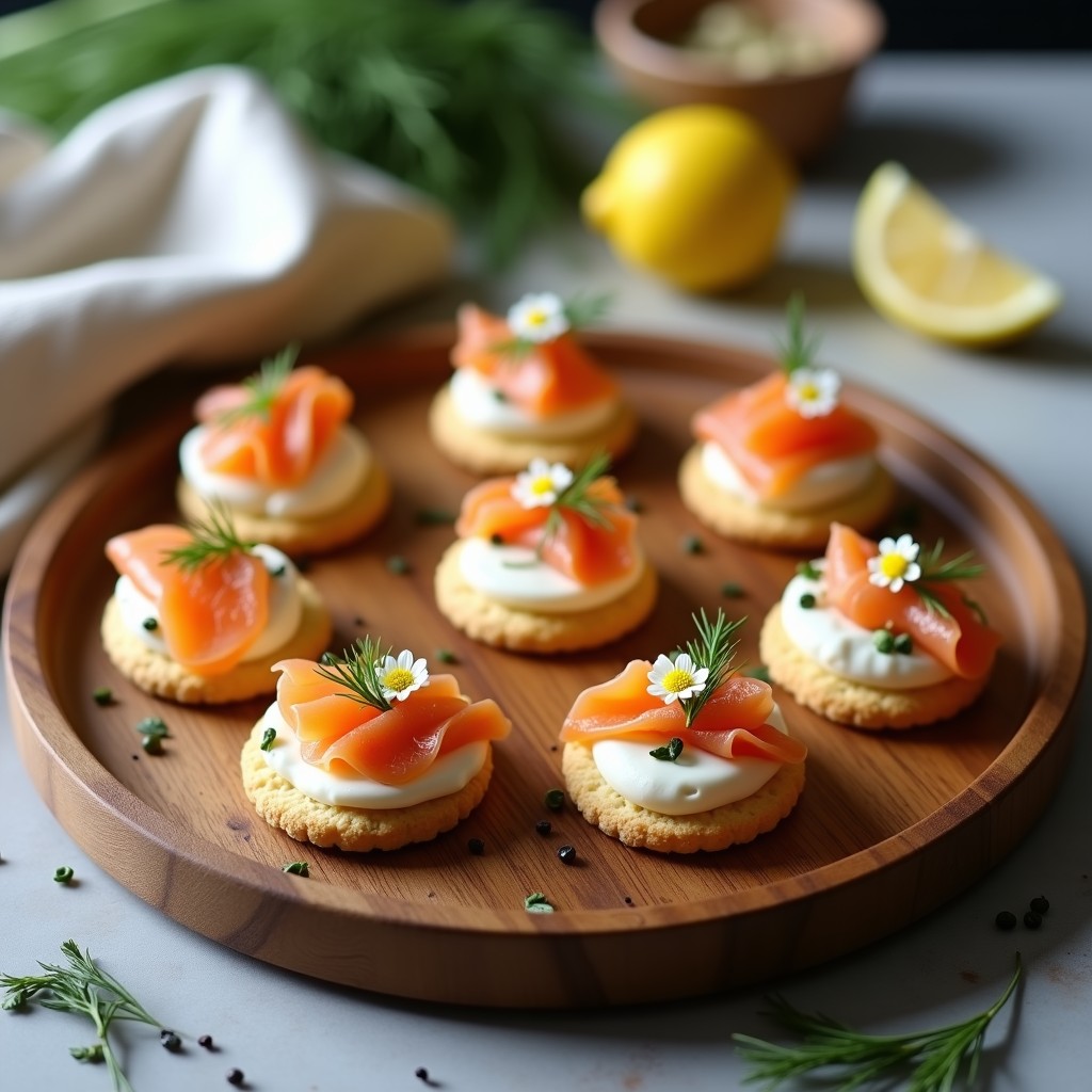 Tartaletas frías de salmón ahumado y queso crema sobre base de galleta, decoradas con eneldo y capuchinas, servidas en bandeja de madera rústica.