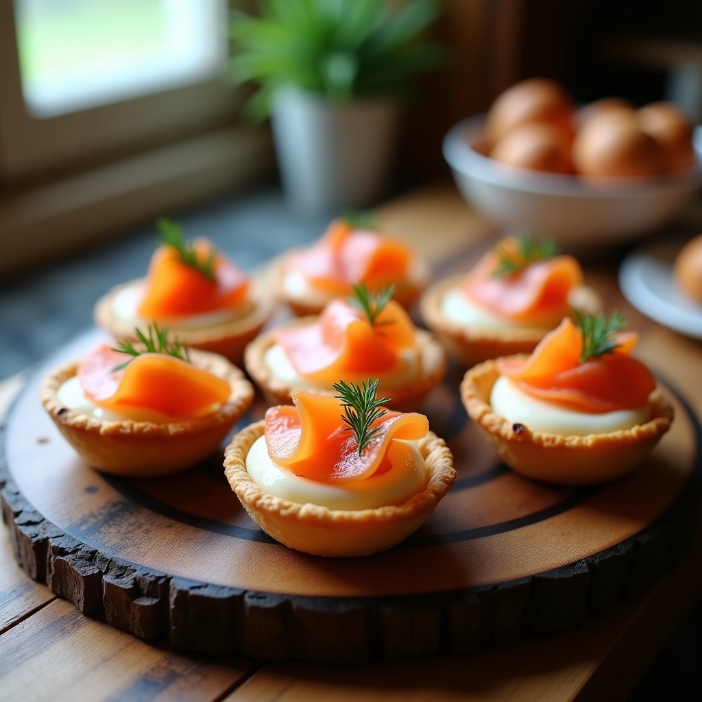 Seis tartaletas doradas de hojaldre crujiente rellenas de crema de queso fresco, decoradas con láminas de salmón ahumado y eneldo fresco, servidas en una bandeja de madera oscura con fondo desenfocado.