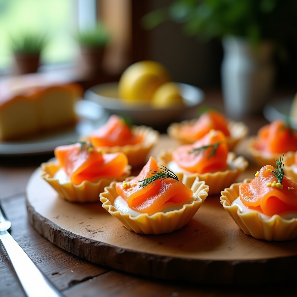 Tartaletas individuales doradas de masa filo rellenas de queso fresco cremoso y salmón ahumado en abanico, decoradas con eneldo fresco y ralladura de limón sobre fondo rústico de madera.