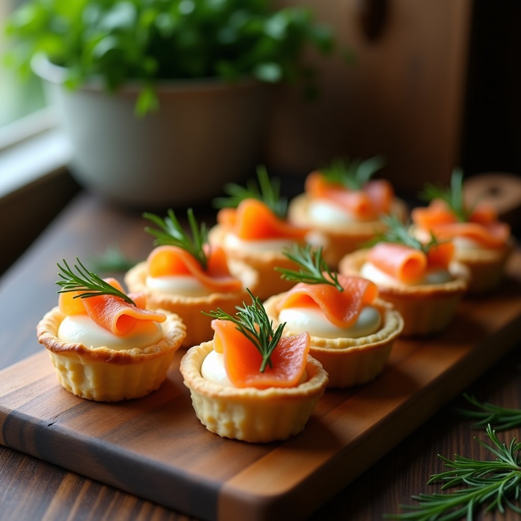 Tartaletas de hojaldre dorado rellenas de queso fresco cremoso y láminas de salmón ahumado, decoradas con eneldo fresco y brotes tiernos, servidas en una bandeja de madera.