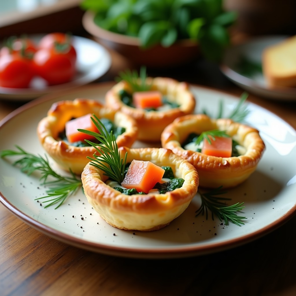 Tartaletas doradas de masa quebrada rellenas de salmón en cubos y espinacas, horneadas a la perfección, con un toque de eneldo fresco.