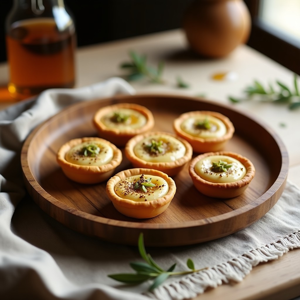 Tartaletas de tahini y miel con zaatar dispuestas en una bandeja de madera, decoradas con semillas de sésamo y pistachos picados. Postre árabe sin horno, alto en proteína y con textura cremosa.