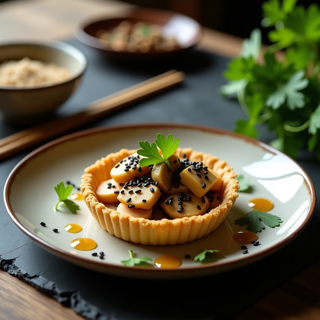 Tartaleta dorada de masa de quinoa rellena de hongo maitake y tofu sedoso, con semillas de sésamo negro, receta umami vegana sin horno.