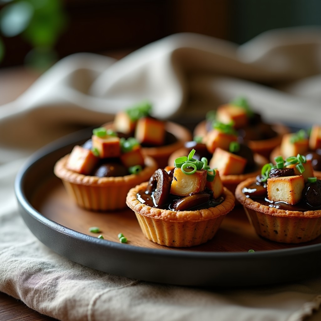 Tartaletas umami en molde de metal con base dorada de avena y semillas, rellenas de tofu ahumado y hongo shitake salteado, decoradas con cebollino fresco sobre tabla de madera.