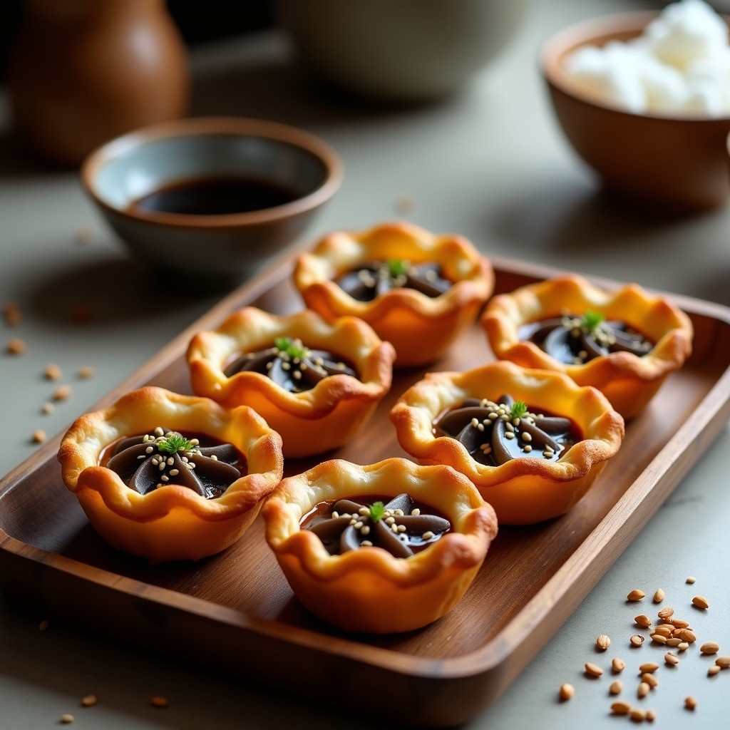 Tartaletas doradas y crujientes rellenas de una mezcla oscura y brillante de hongos shimeji y tofu ahumado, espolvoreadas con semillas de sésamo, servidas en una bandeja de madera rústica con fondo borroso de cocina moderna.