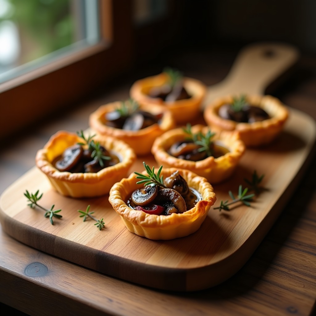 Tartaletas doradas y crujientes en molde de silicona, rellenas de setas shiitake salteadas con cebolla morada y aromatizadas con aceite de trufa negra, servidas en bandeja rústica de madera.