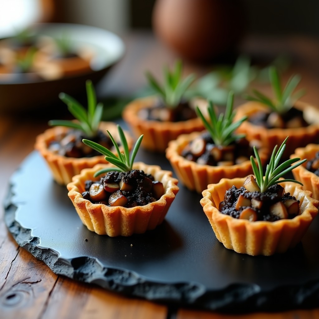 Tartaletas umami de setas y trufa negra servidas en plato de pizarra, con decoración de virutas de trufa y romero fresco, receta gourmet sin horno.